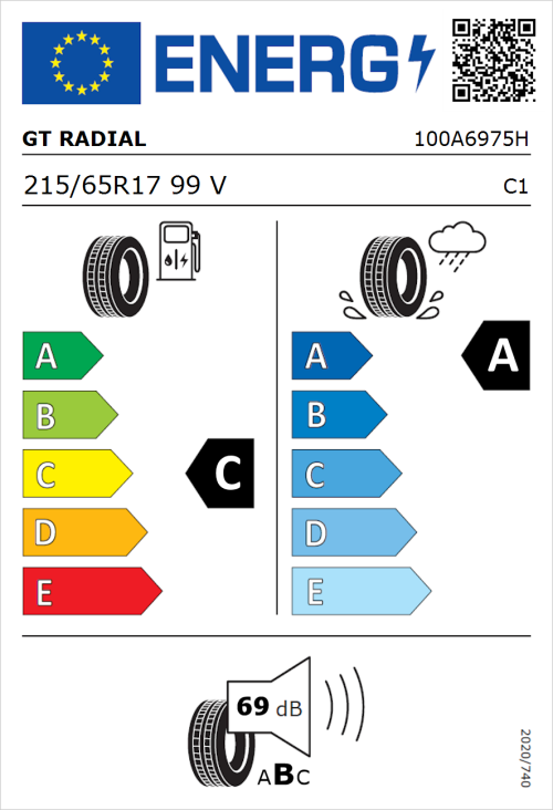 Tyre Label for GT Radial FE2 Evo 215/65R17 99V